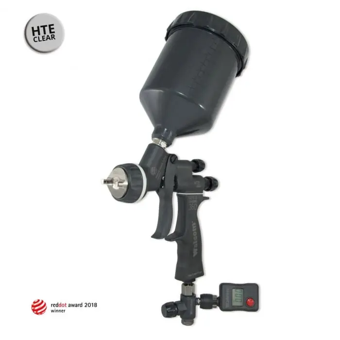 Doar azi Pistol de vopsit, Walcom Genesi Carbonio 360 Light HTE clear (DIGITAL), cupa plastic 600 ml, duza la alegere, valiza, regulator aer, consum aer 380 l/min