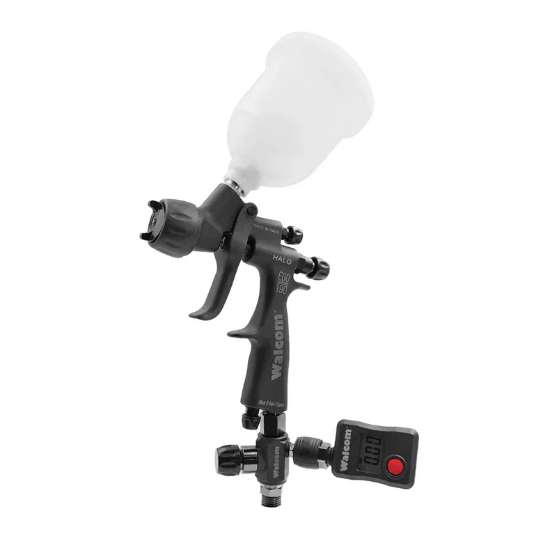 Pistol de vopsit pentru retus, Walcom EGO Carbonio 190 HALO, consum aer 145 - 190 l/min, cana 80 si 180 ml, duza la alegere Ultima șansă