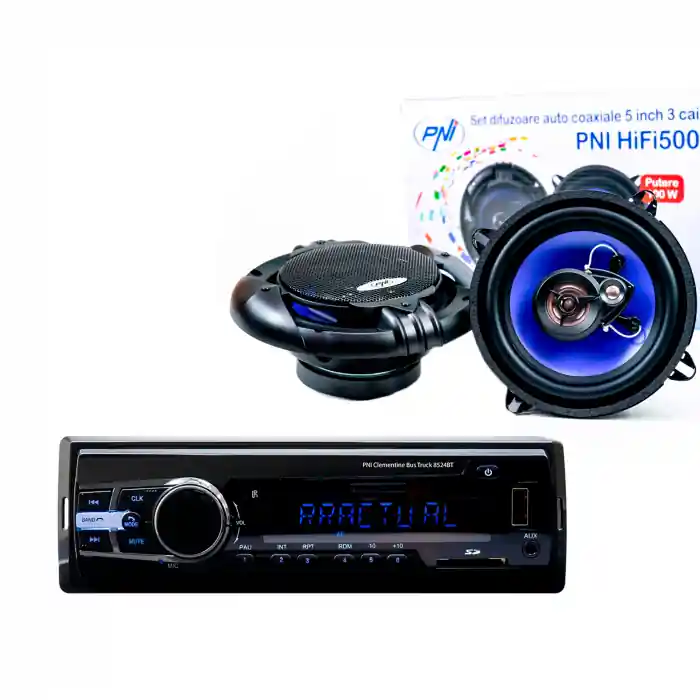 Pachet Radio MP3 player auto PNI Clementine 8524BT 4x45w + Boxe auto coaxiale PNI HiFi500, 100W, 12.7 cm, 3 cai, set 2 difuzoare Ultima șansă